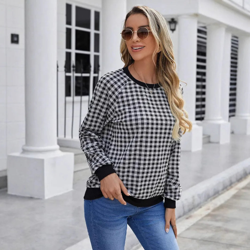 Black plaid pullover long sleeve sweater with striped pattern, available in sizes S to XXL