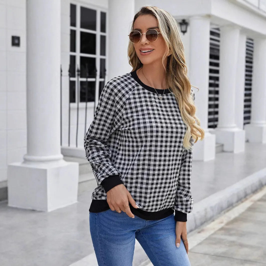 Black plaid pullover long sleeve sweater with striped pattern, available in sizes S to XXL