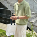 Men's simple retro knitted polo shirt with asymmetric design in caramel colour, short sleeves for summer