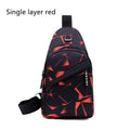 Men's crossbody chest sling bag in blue with earphone hole, zipper pockets, and soft handle, measuring 17x30x5cm