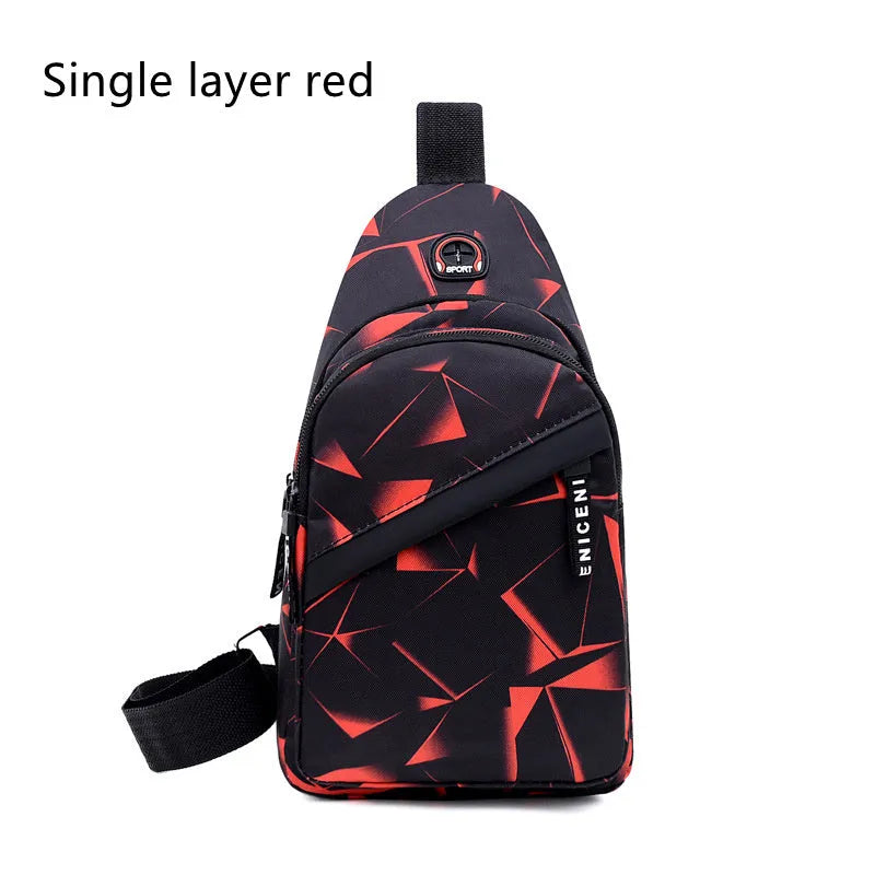 Men's crossbody chest sling bag in blue with earphone hole, zipper pockets, and soft handle, measuring 17x30x5cm