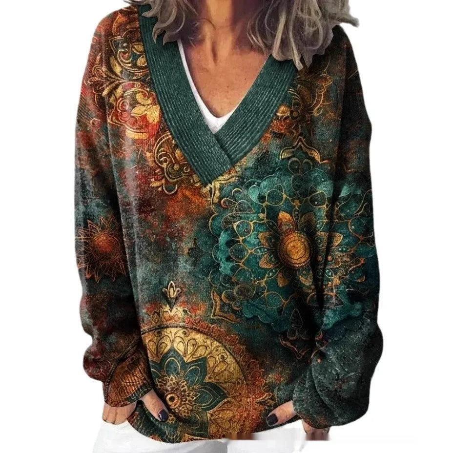 Women's floral pattern V-neck sweatshirt with 3D effect design in art retro style