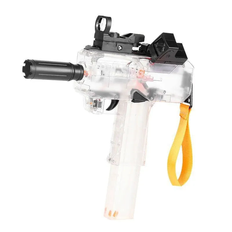 Transparent electric water gun toy showing internal components with accessories