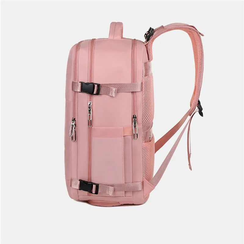 Large travel backpack with multiple compartments in purple, grey, black, or pink colours showing organisational pockets