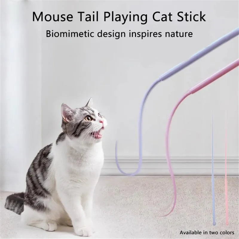 Blue simulated mouse tail cat toy with 80cm silicone tail and ABS handle for interactive feline play