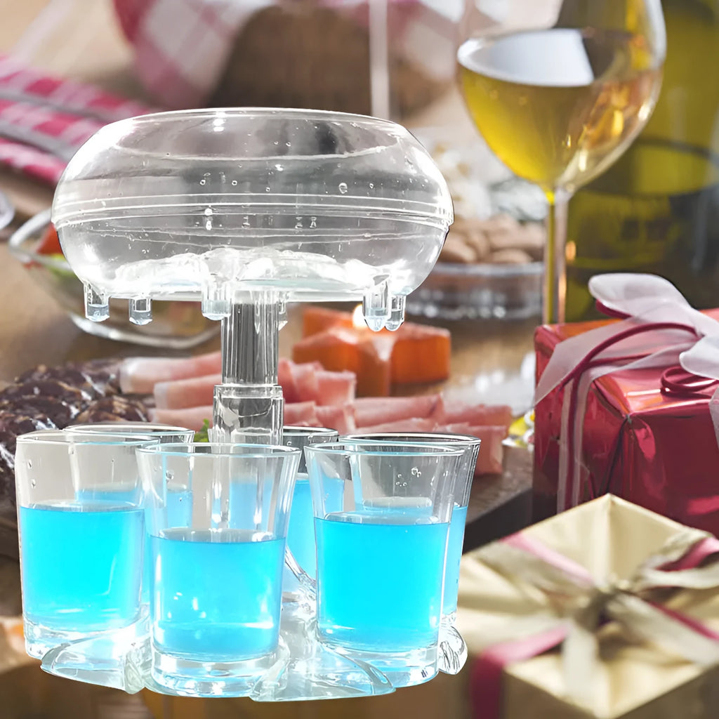 Transparent 6-shot glass dispenser rack with six shot glasses on a bar table.