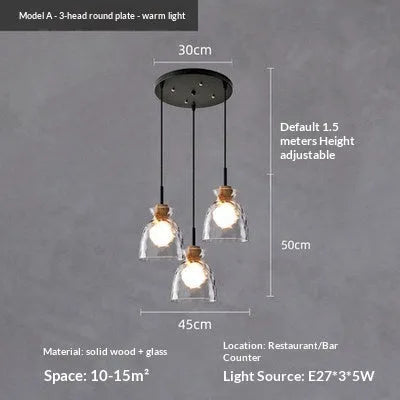 Three-head retro cafe bar pendant light in minimalist style, 220V warm light, long or round plate ceiling mount for study room or dining room.