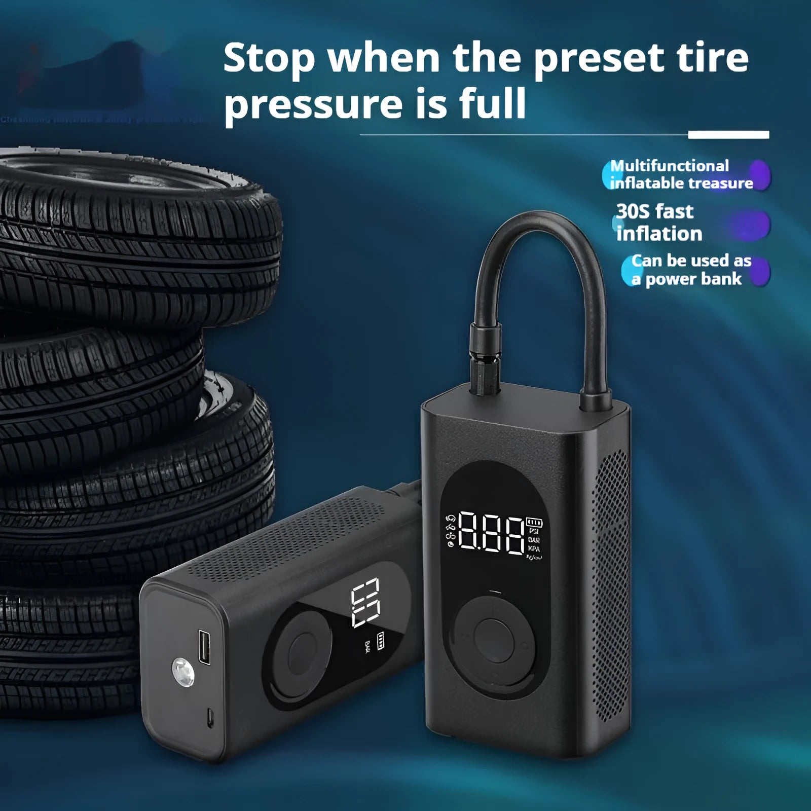 Portable wireless tyre inflator for cars motorcycles bicycles with power bank and torch functions