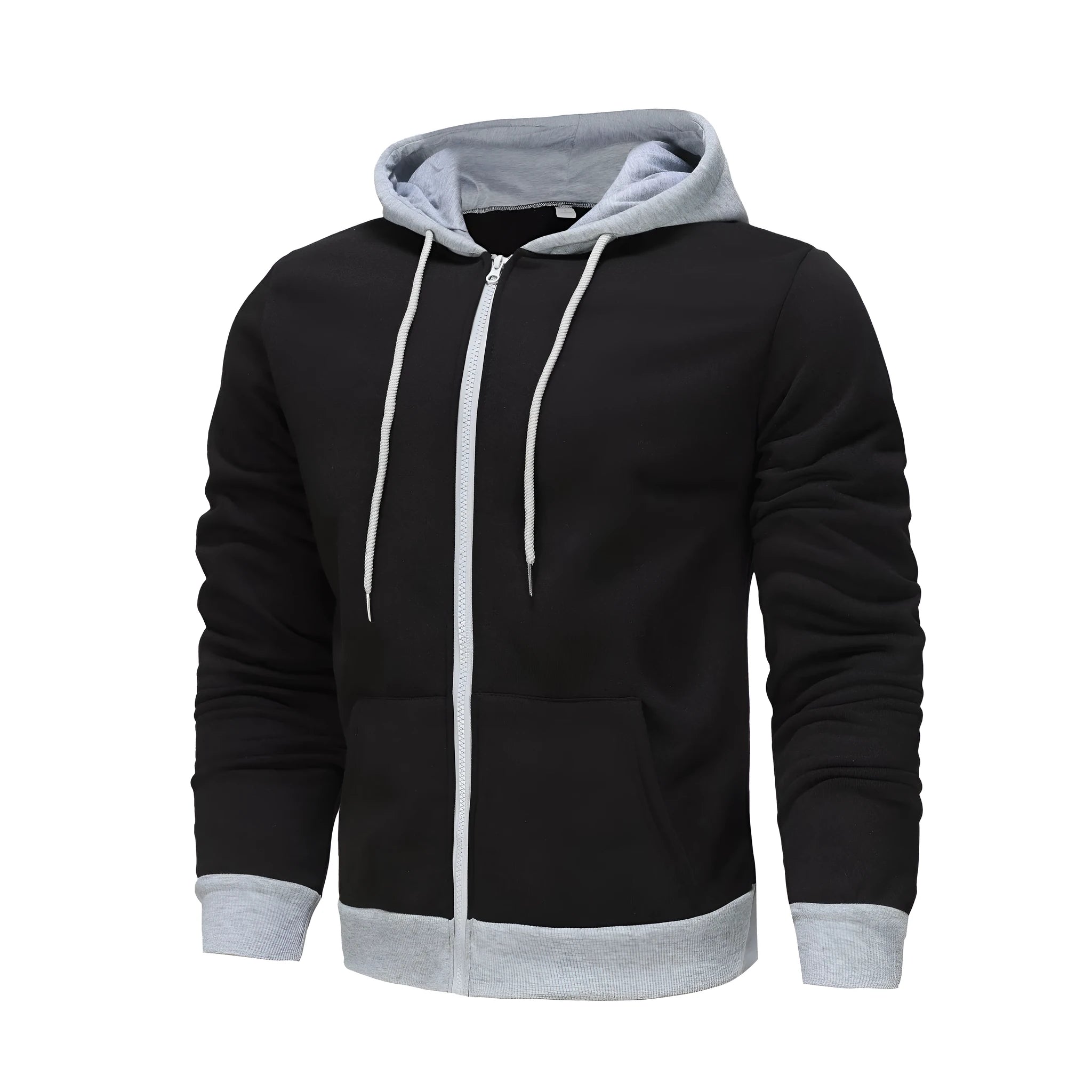 Man wearing a zip-up hoodie cardigan with a hood and patch pockets in a two-tone colour combination.