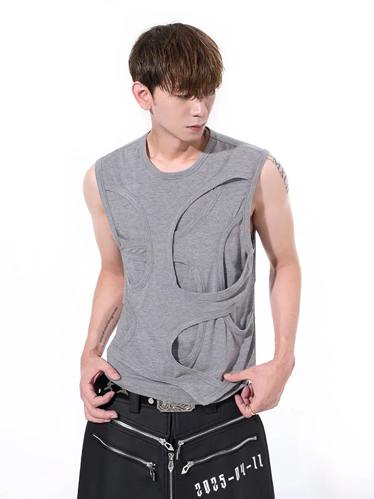 Men's solid black Lyocell summer vest with round neck tank top style on a hanger.