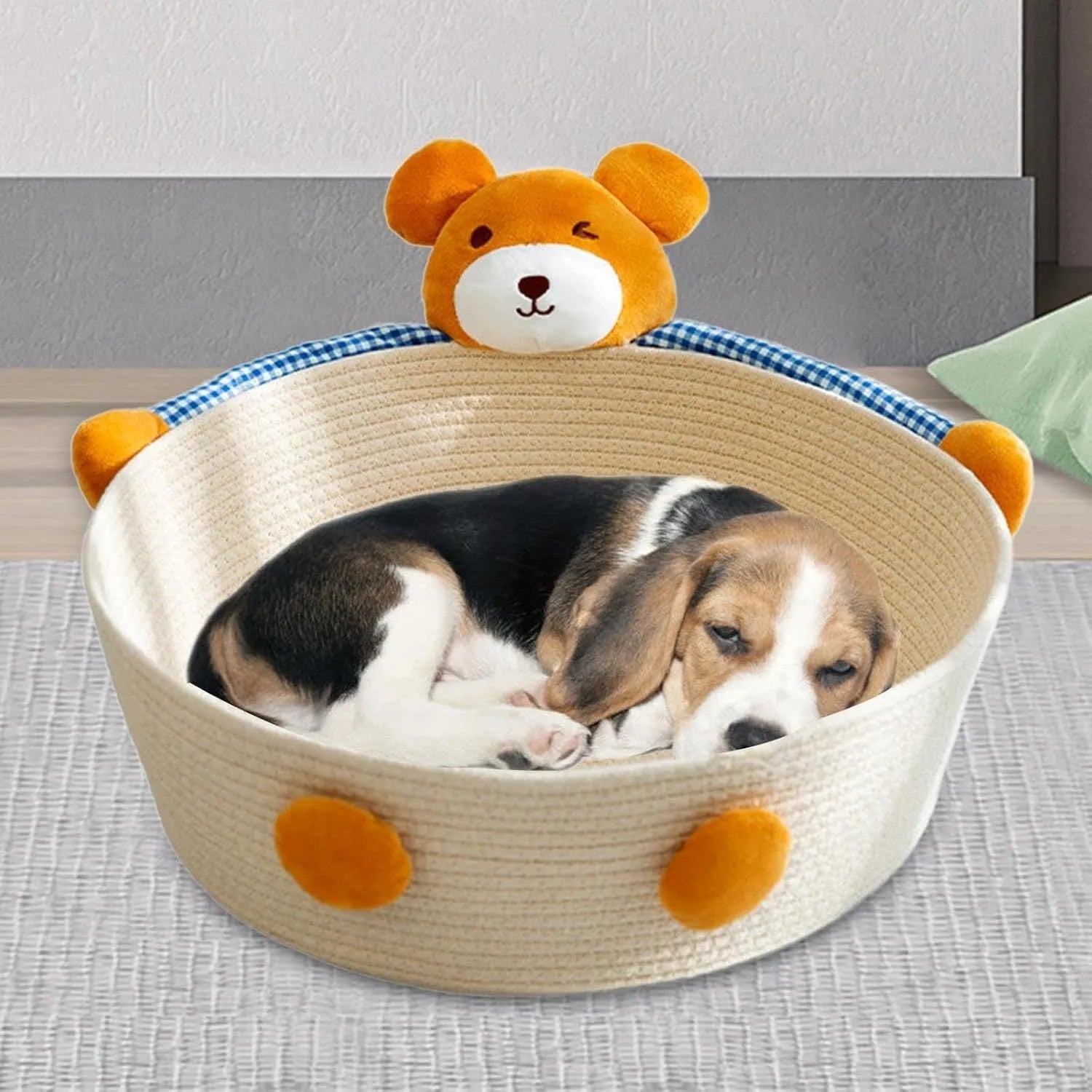 Woven cotton rope cat bed with integrated scratching board in basket design, available in three sizes