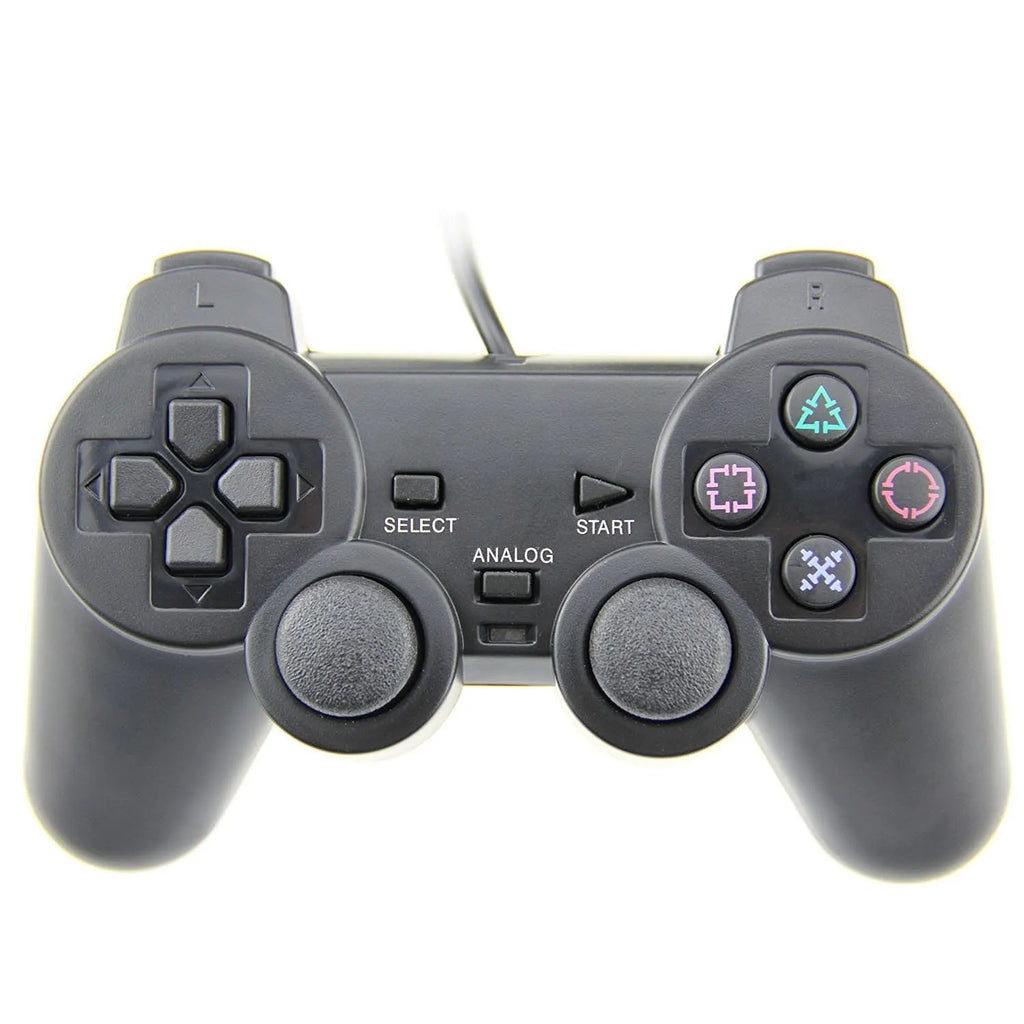 PS2 wired USB game controller in bare metal finish on a grey background