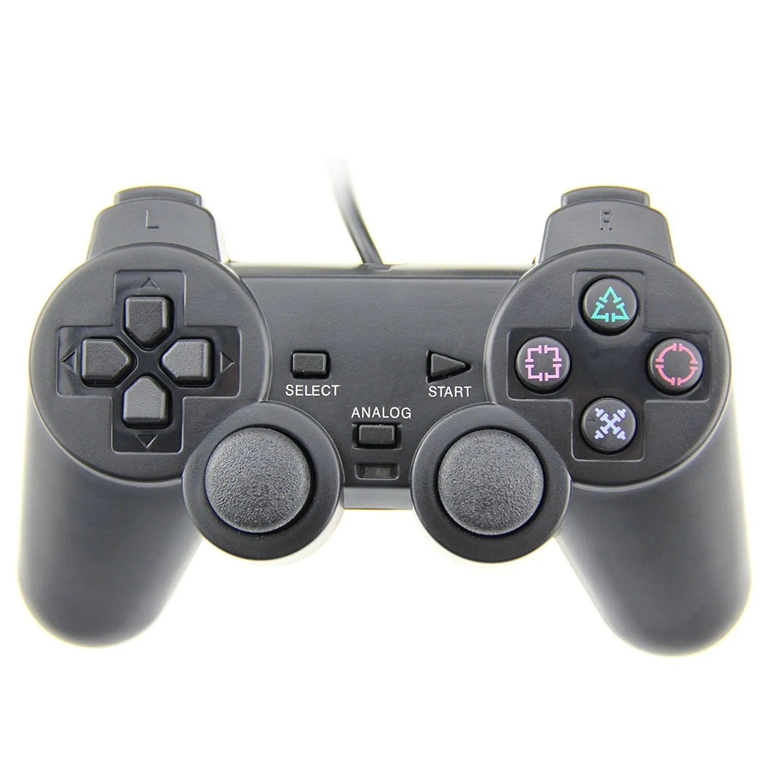 PS2 wired USB game controller in bare metal finish on a grey background