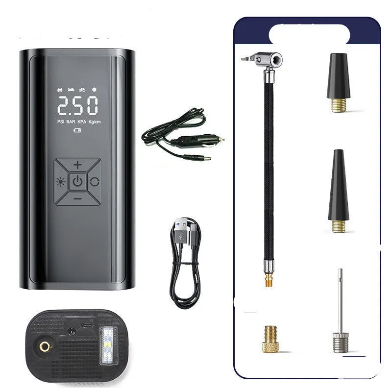 Portable wireless digital display electric car tyre pump with pressure gauge and multiple power connections