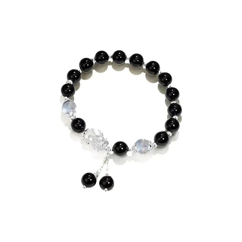 Natural black agate crystal couple bracelet with 10mm wave-shaped beads in grey tones