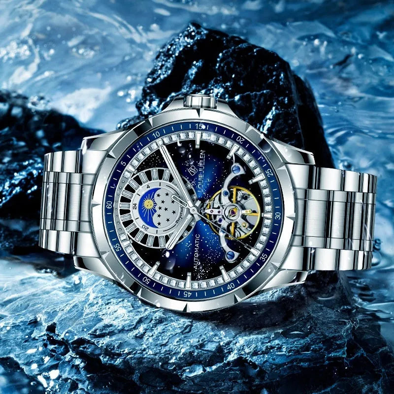 Men's silver alloy case waterproof automatic watch with blue dial and stainless steel strap