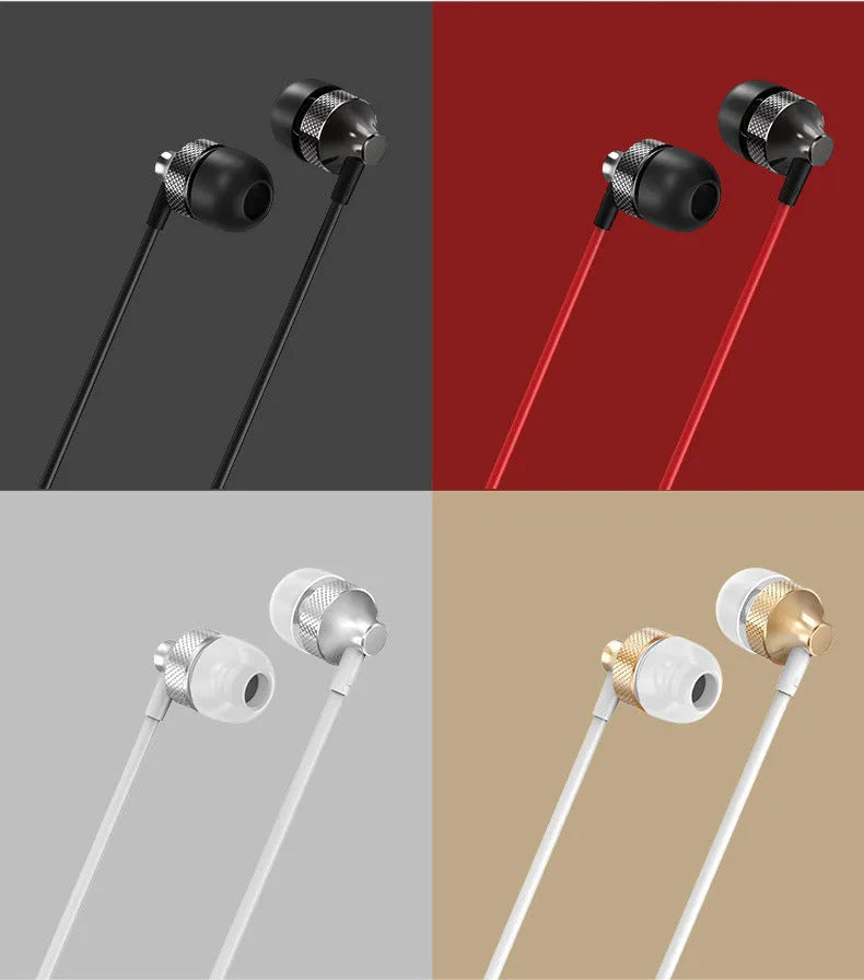 Auricular Metal Fever wired in-ear headphones with microphone in gold, silver, black, or red and black colours.