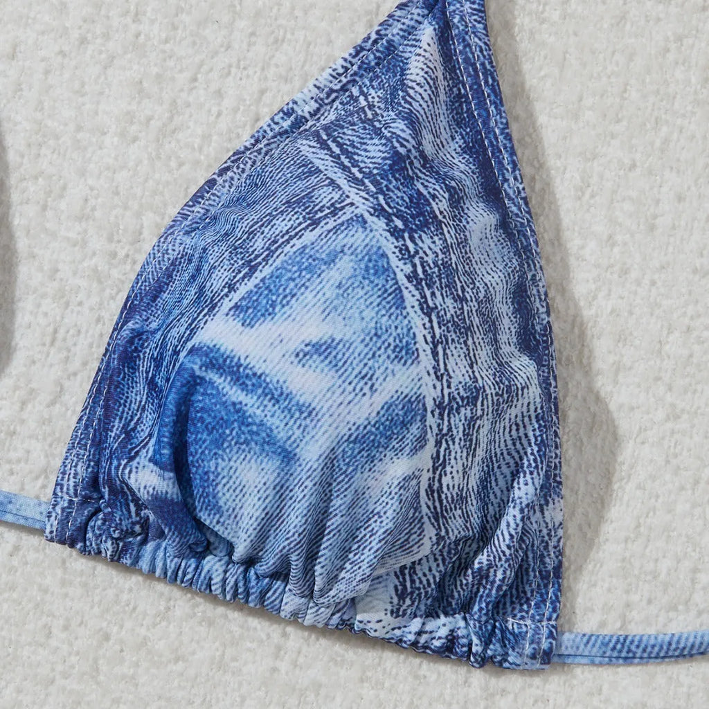 Women's denim blue bikini set with adjustable straps, showing front and back views on mannequin