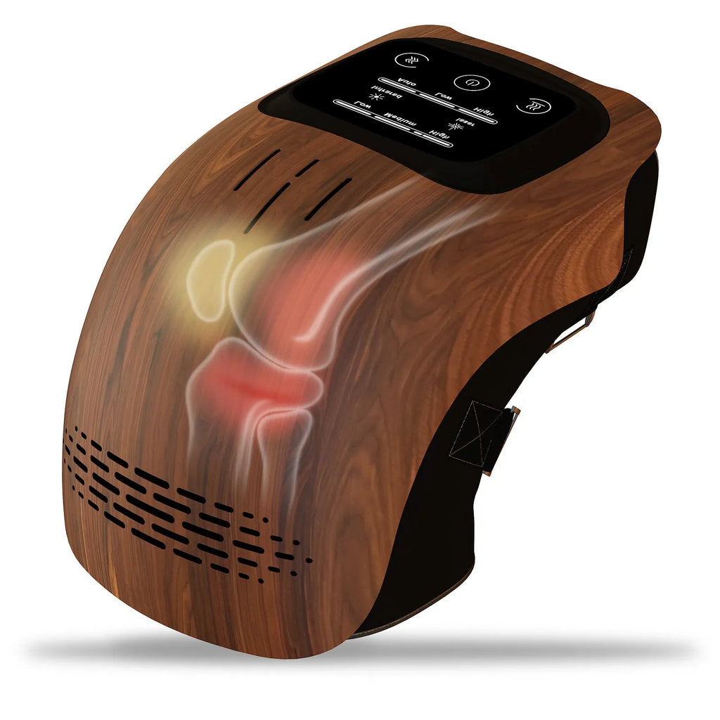 White intelligent electric knee massager with adjustable straps, showing control panel for heat and vibration settings.