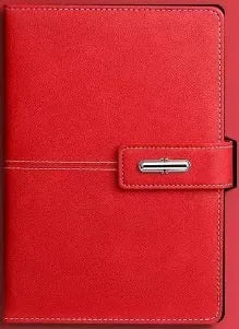A5 notebook with imitation leather cover in various colours, open to show wood-free paper pages