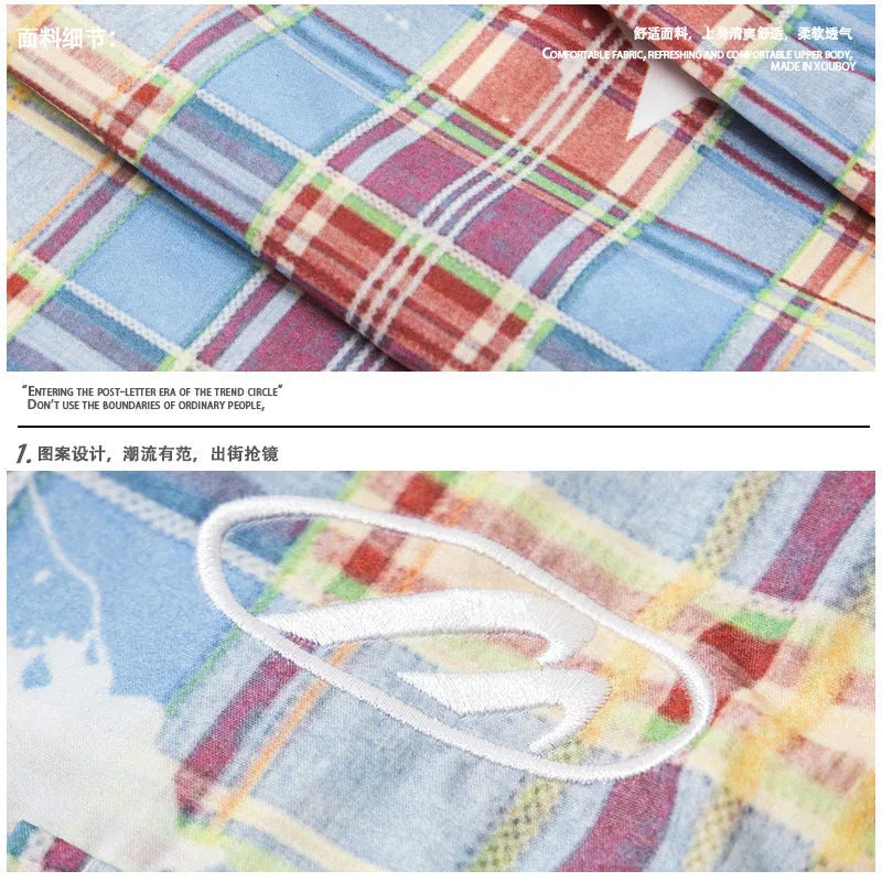 Men's blue and yellow plaid straight-leg trousers laid flat showing retro pattern