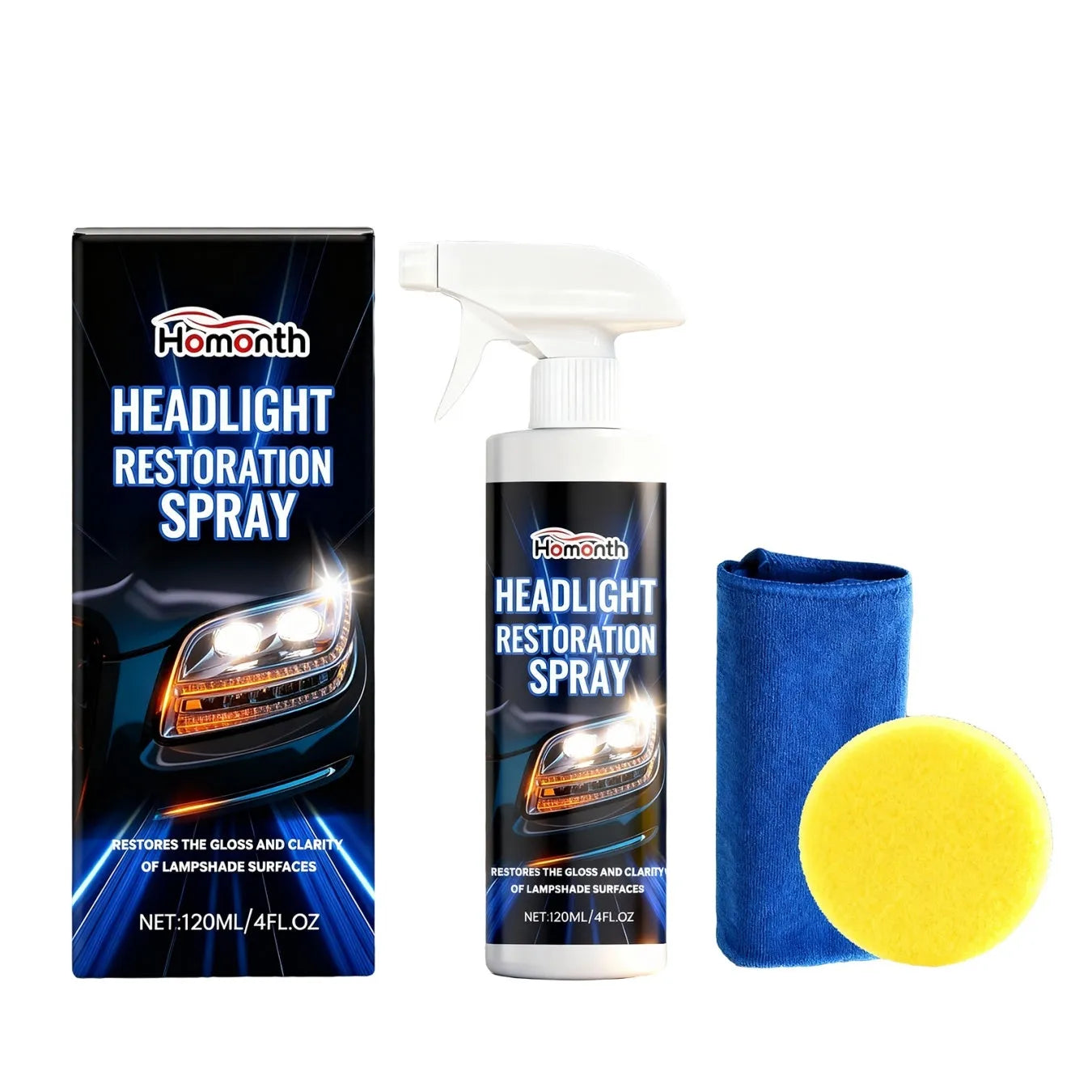 HOMONTH headlight restoration spray 120ml bottle with applicator sponge and microfibre towel for DIY car maintenance