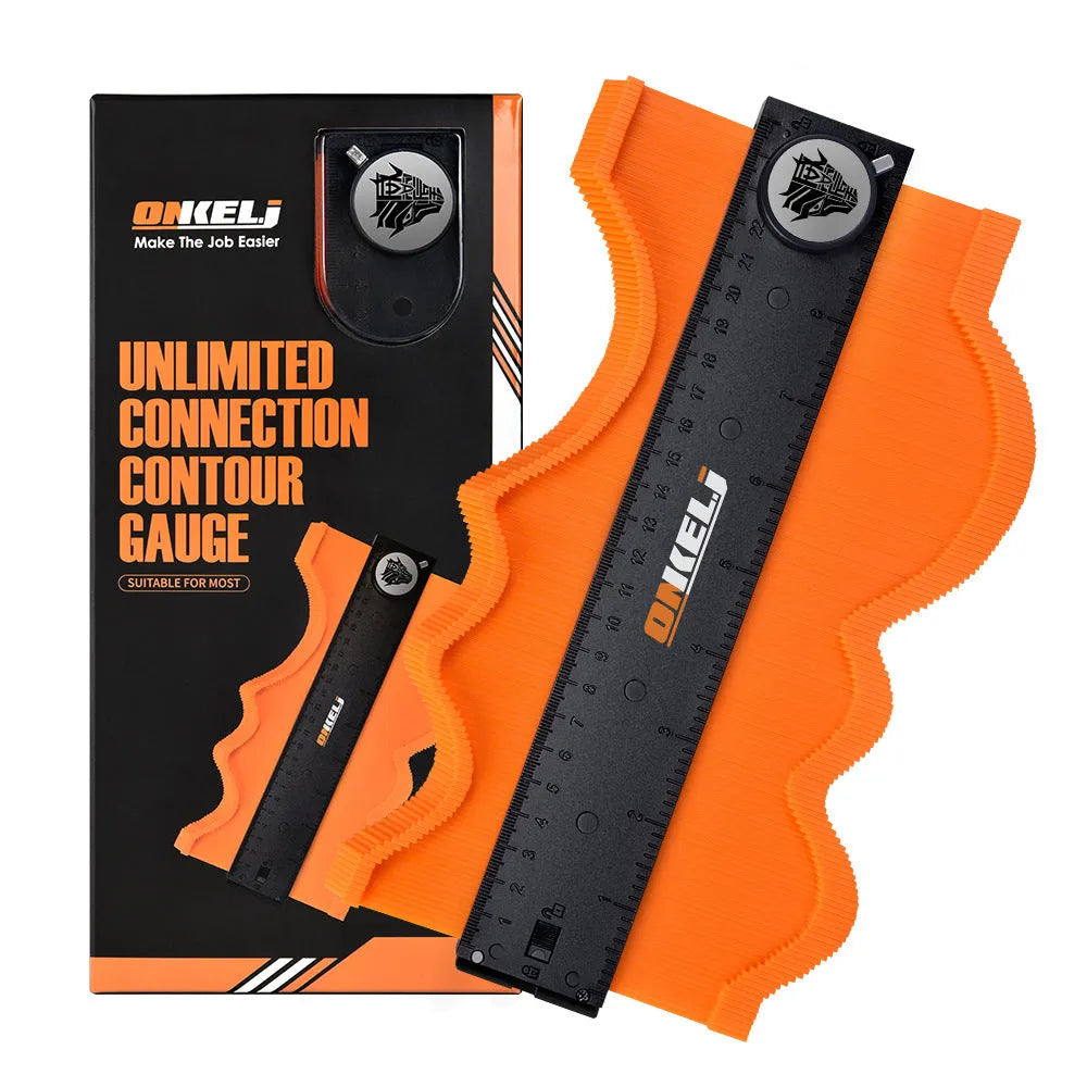 Contour gauge with extended pins profiling curved shape, showing lock belt mechanism and stainless steel construction