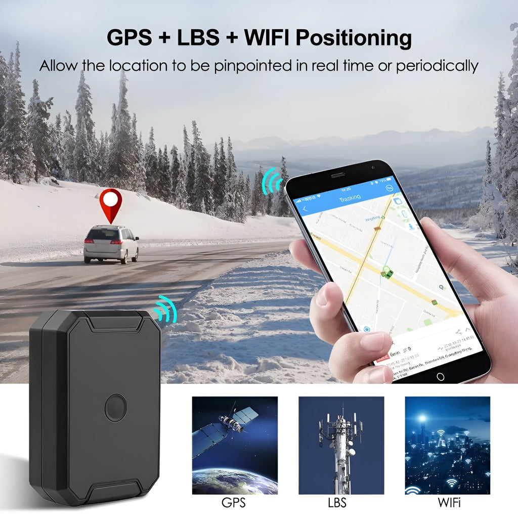 Black GPS car locator device with 6000mAh battery for long standby tracking.
