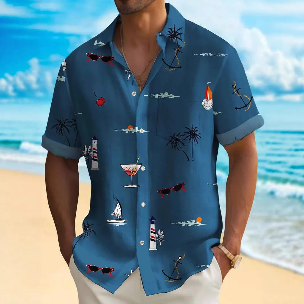 Men's Hawaiian shirt with digital print, loose fit, short sleeves, and 100% polyester fabric in various colours.