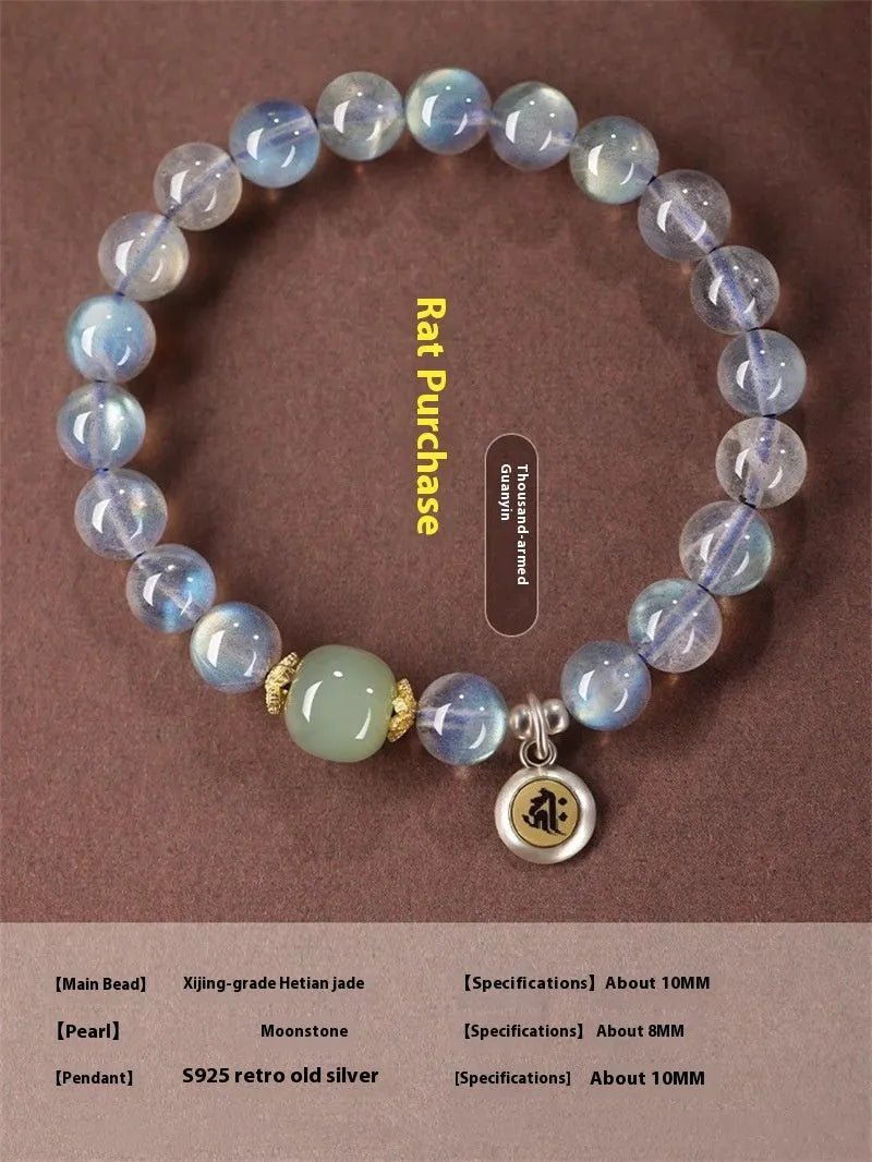 Women's bracelet with 8mm moonstone bead and electroplated Thousand-Hand Kwan-yin mouse charm.
