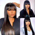 Straight fringe human hair wig with full-mechanism headgear on a display stand.