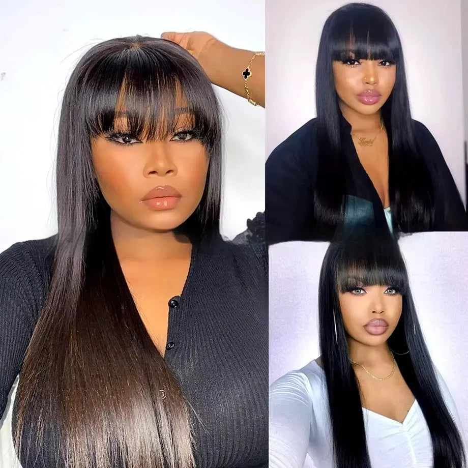Straight fringe human hair wig with full-mechanism headgear on a display stand.