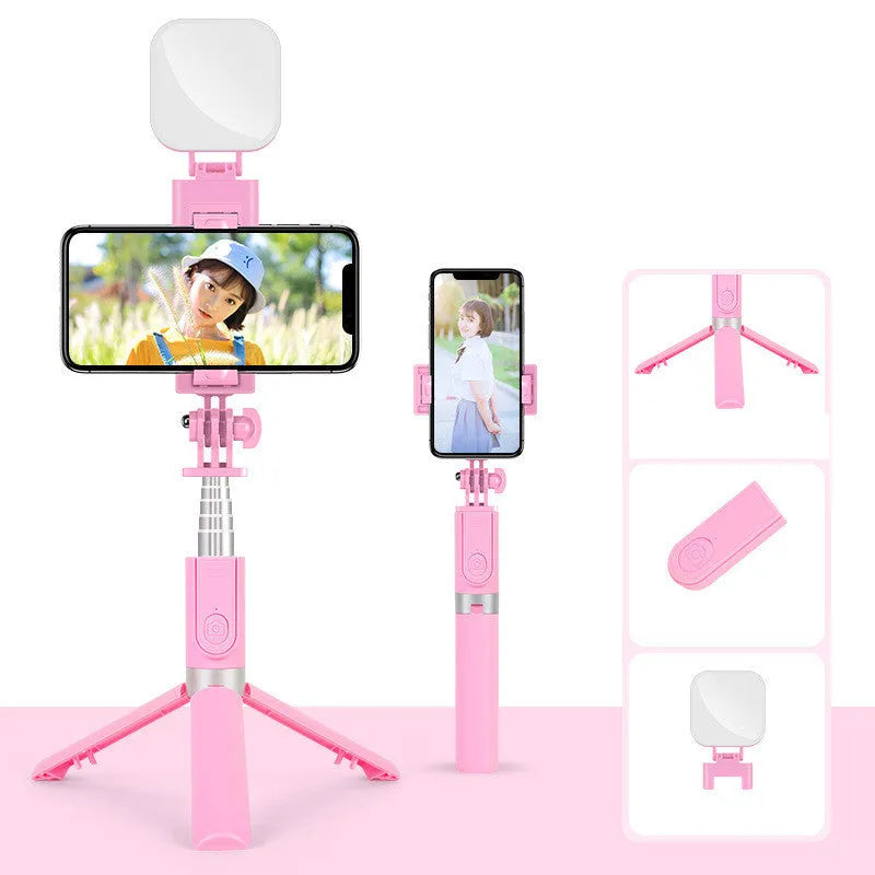 Aluminium alloy folding selfie stick desktop stand with wireless remote control, black or powder pink, optional fill light