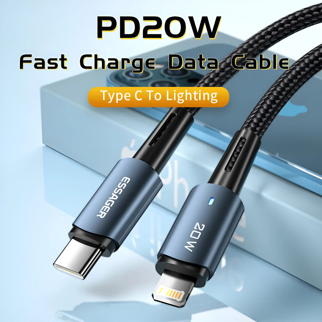 USB-C fast charging cable with aluminium housing and indicator light, shown in black, blue, and coffee colours.