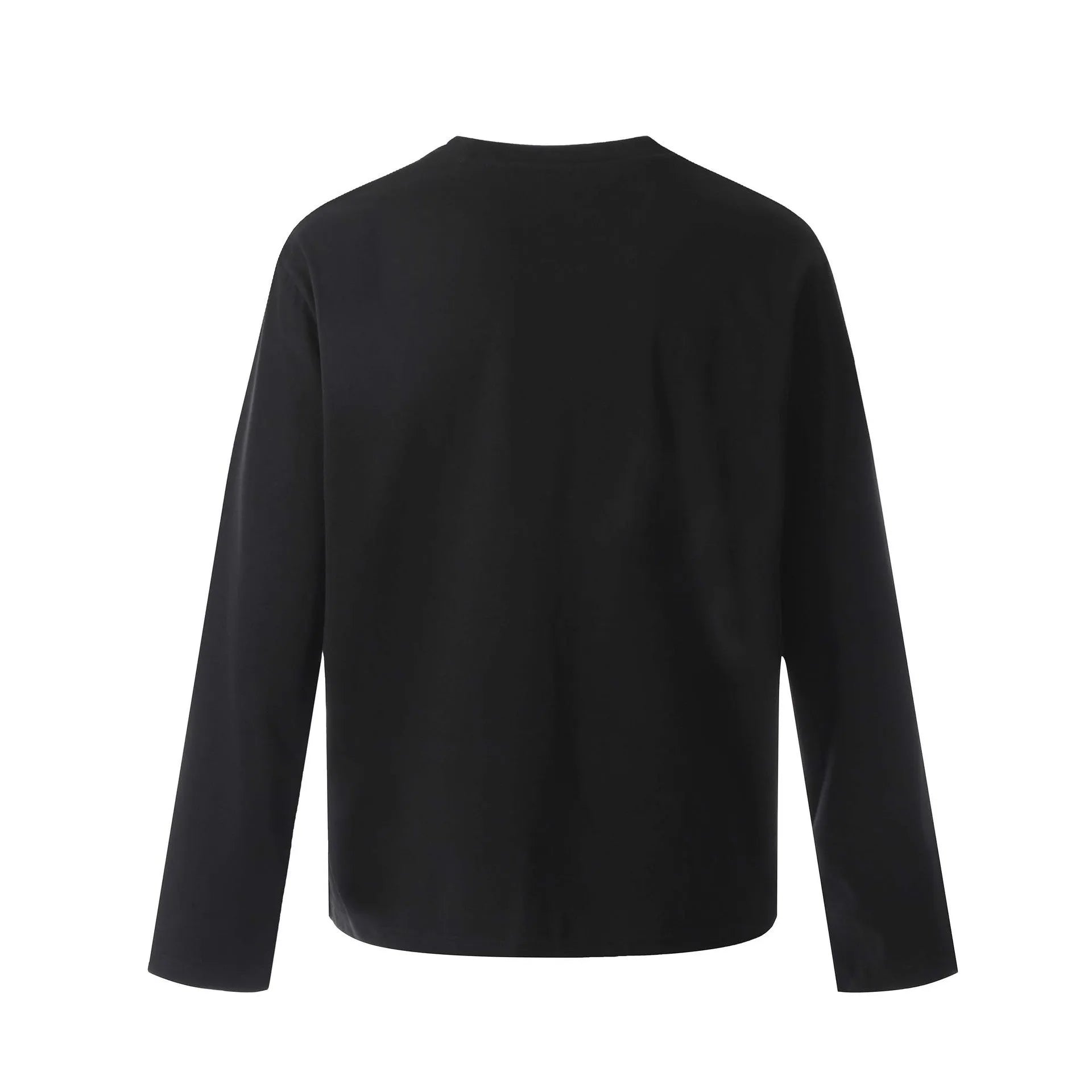 Man wearing a black loose-fit cotton long sleeve casual top.