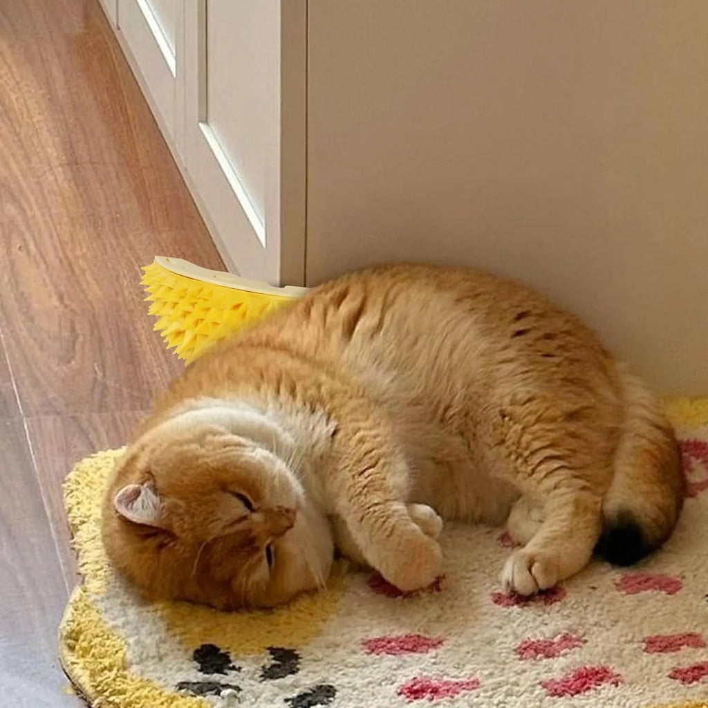 Yellow durian-shaped cat corner scratcher mounted on wall, measuring 21cm by 12cm by 7cm, with peppermint powder packet