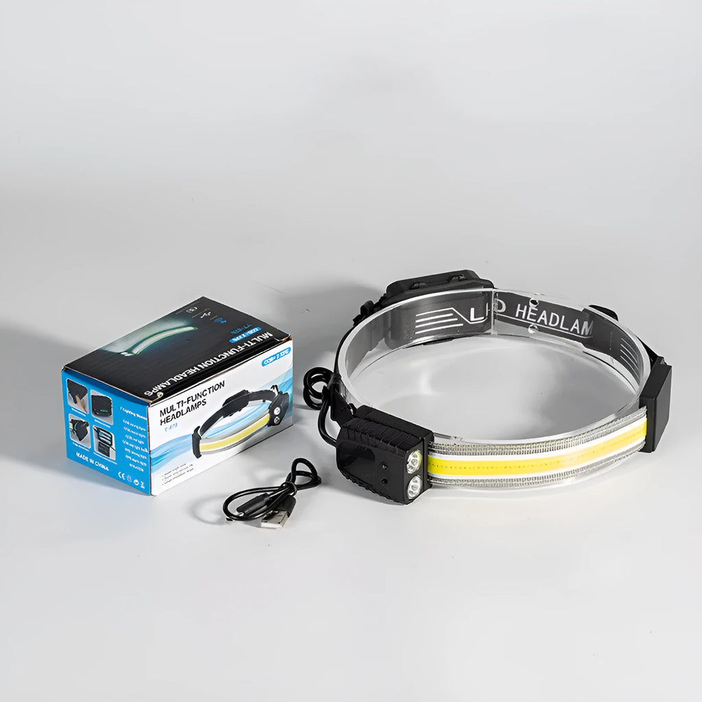 Black ABS plastic headlamp with gesture sensor, COB panel and two XPE LEDs, shown with a USB-C cable.
