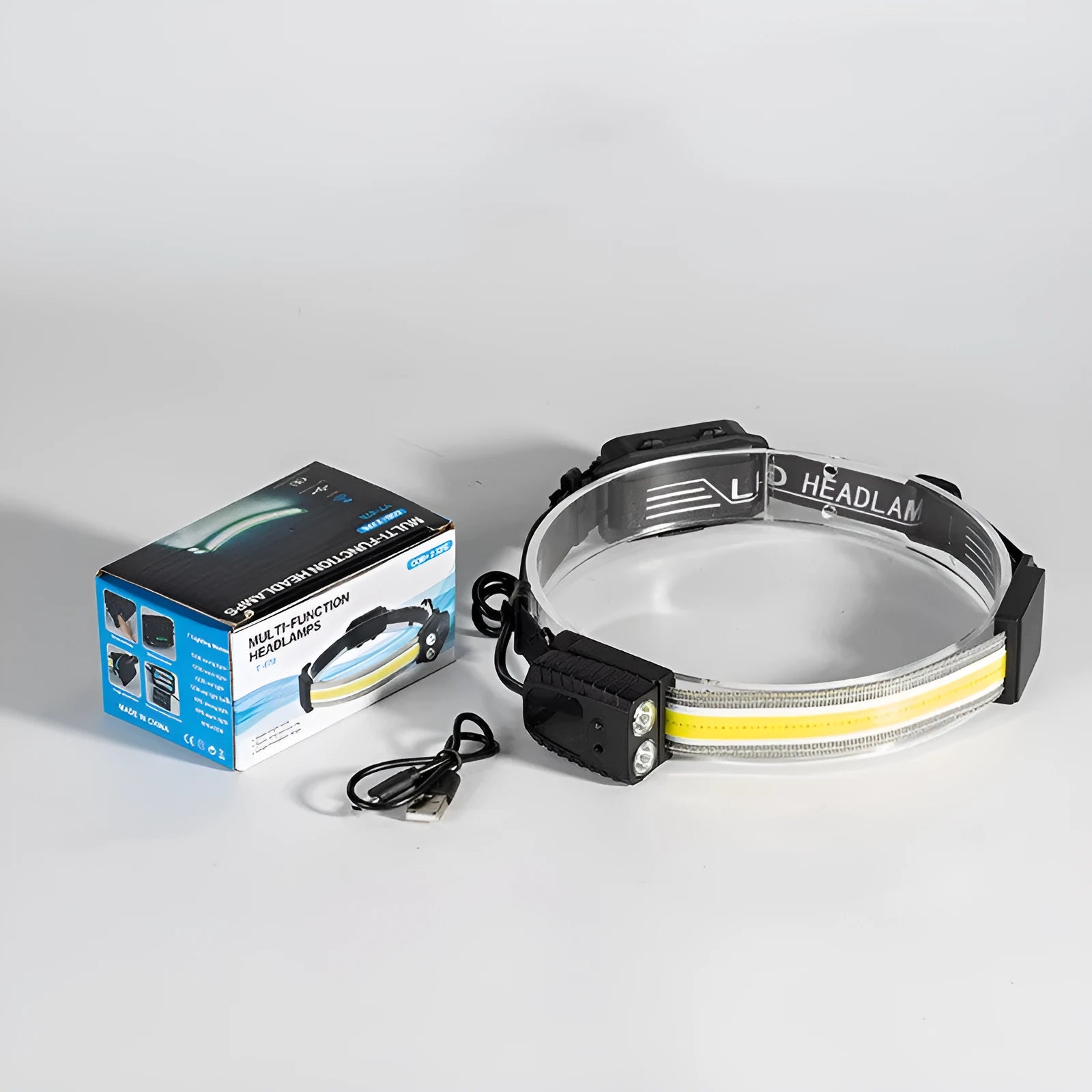 Black ABS plastic headlamp with gesture sensor, COB panel and two XPE LEDs, shown with a USB-C cable.