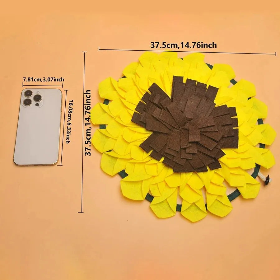 Yellow sunflower pattern dog snuffle mat measuring 37.5cm square with rope attachment