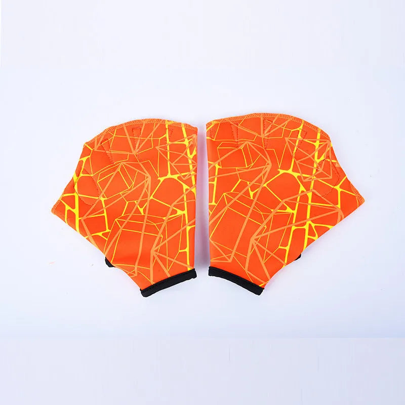 Webbed swimming gloves with duck feet design in multiple colour prints for improved aquatic propulsion