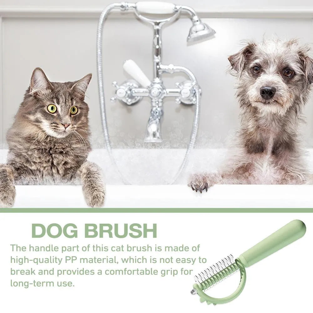Blue dinosaur-shaped cat brush with stainless steel bristles for grooming and self-cleaning function