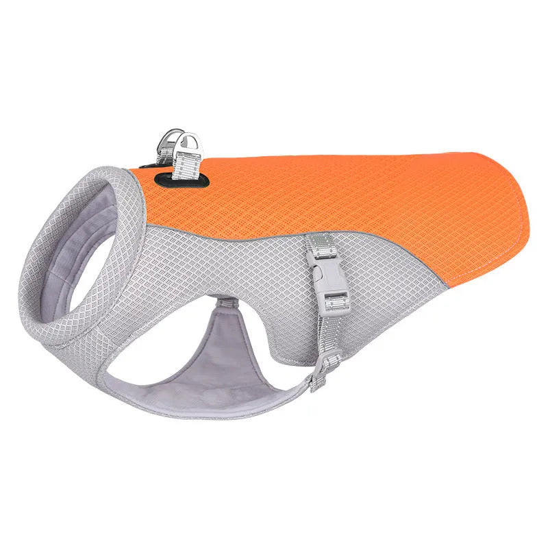 Orange dog cooling vest on a dog showing layered construction and adjustable fit