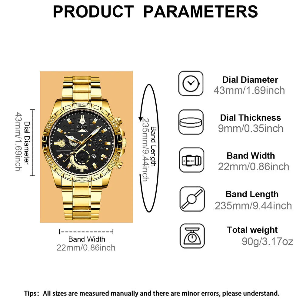 Men's gold stainless steel business watch with calendar display and 10mm thickness