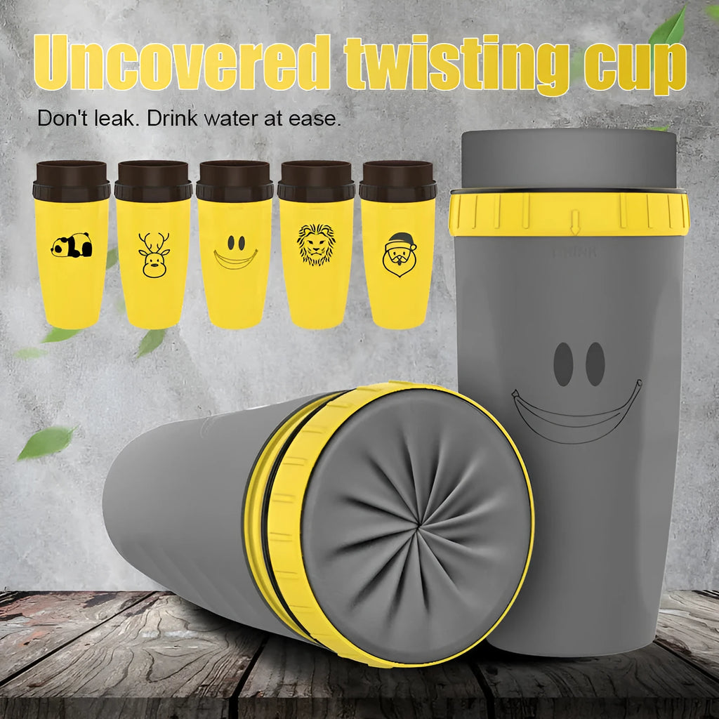 Double insulation travel tumbler with twist-top silicone seal showing cartoon patterns