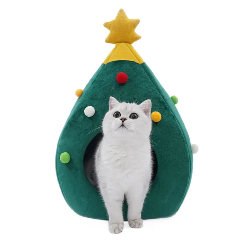 Christmas tree-shaped plush cave pet bed for cats and dogs with detachable cover in three available sizes