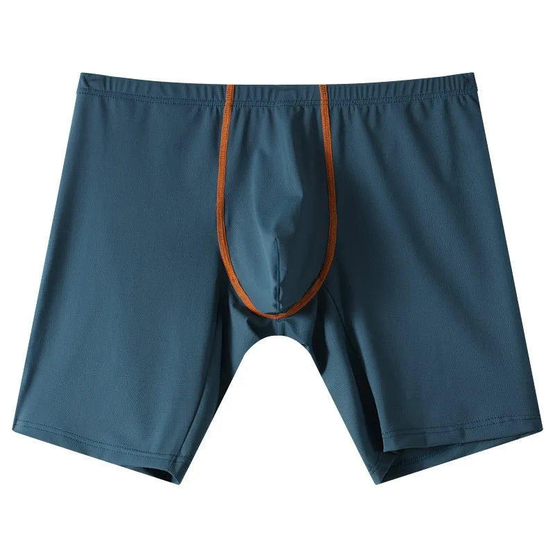 Men's mid-waist lengthened boxers in black ice silk nylon fabric on a white background.