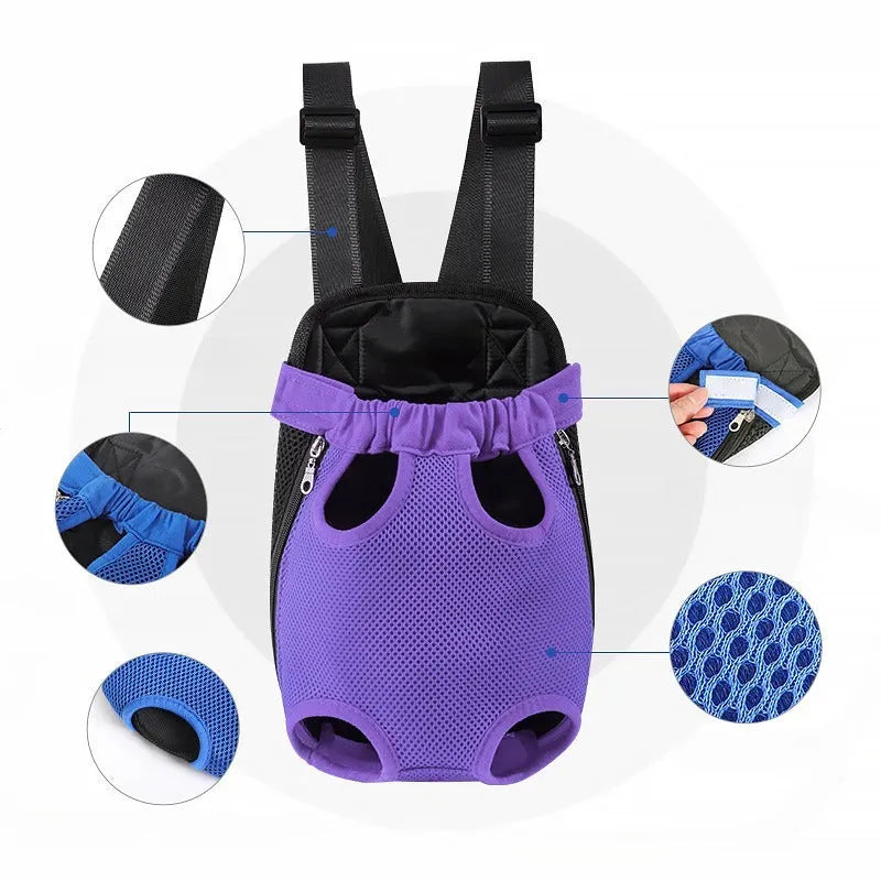 Adjustable dog carrier backpack worn on front with small dog in legs-out position