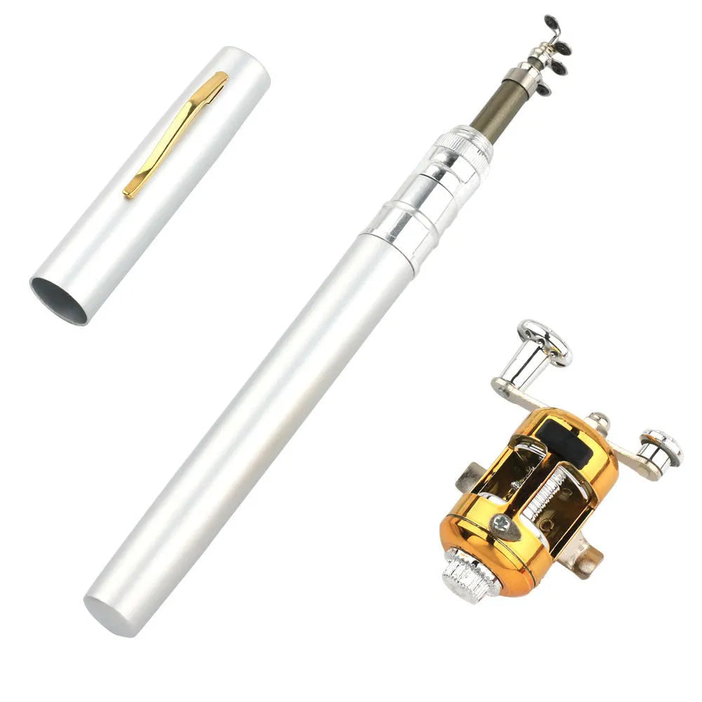 Telescopic fishing rod collapsed in aluminium alloy case beside extended 1m rod with drum attached