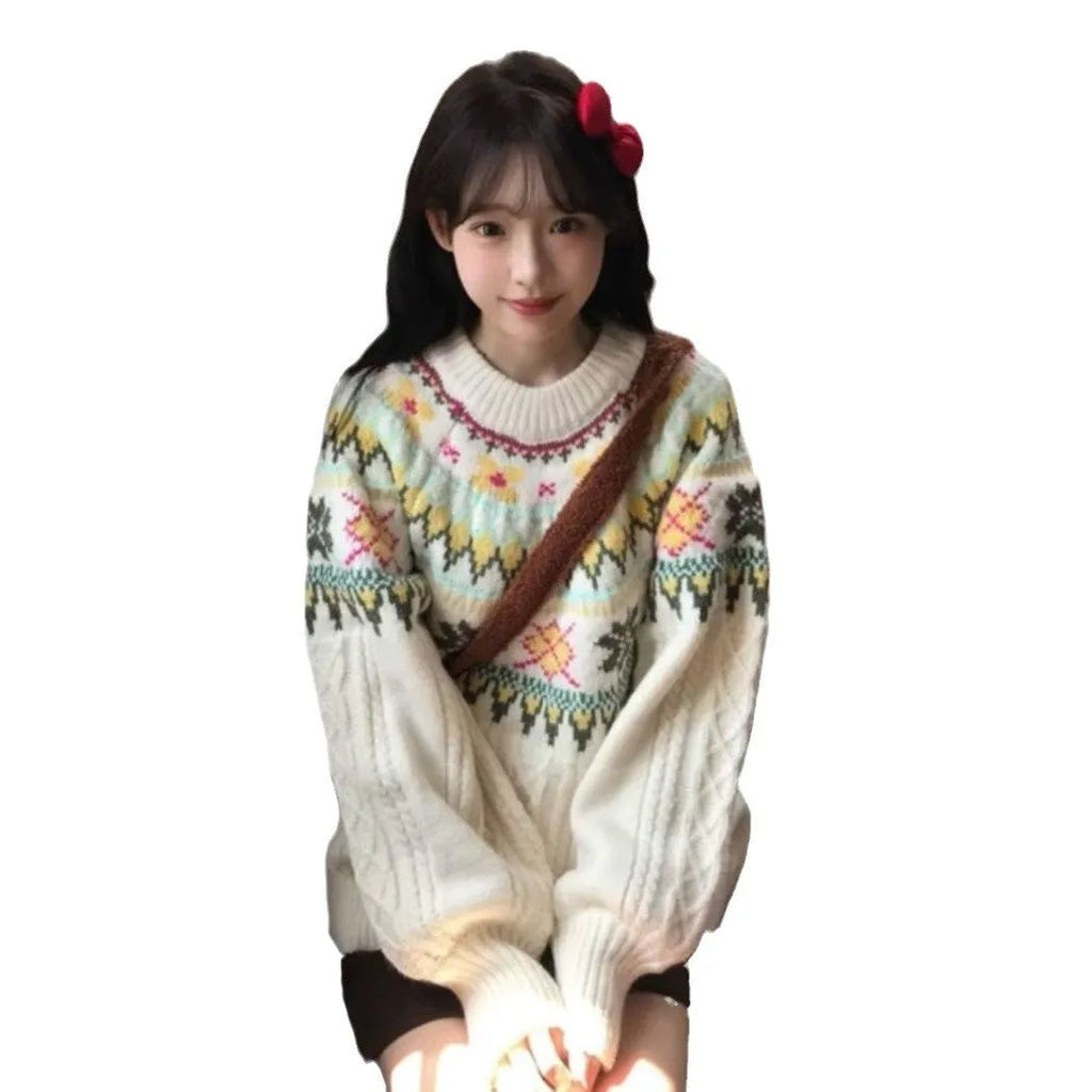Women's milky white knitwear pullover with lantern sleeves and a loose fit.