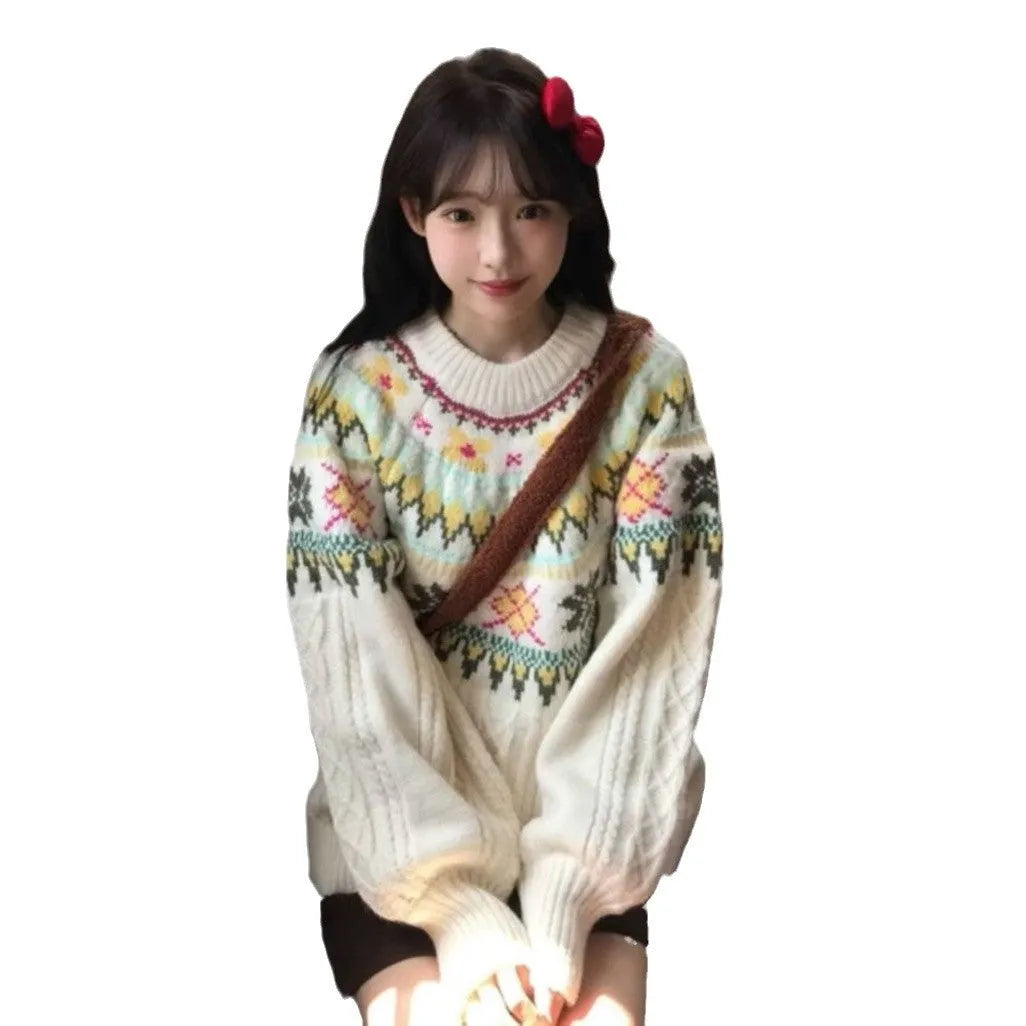 Women's milky white knitwear pullover with lantern sleeves and a loose fit.